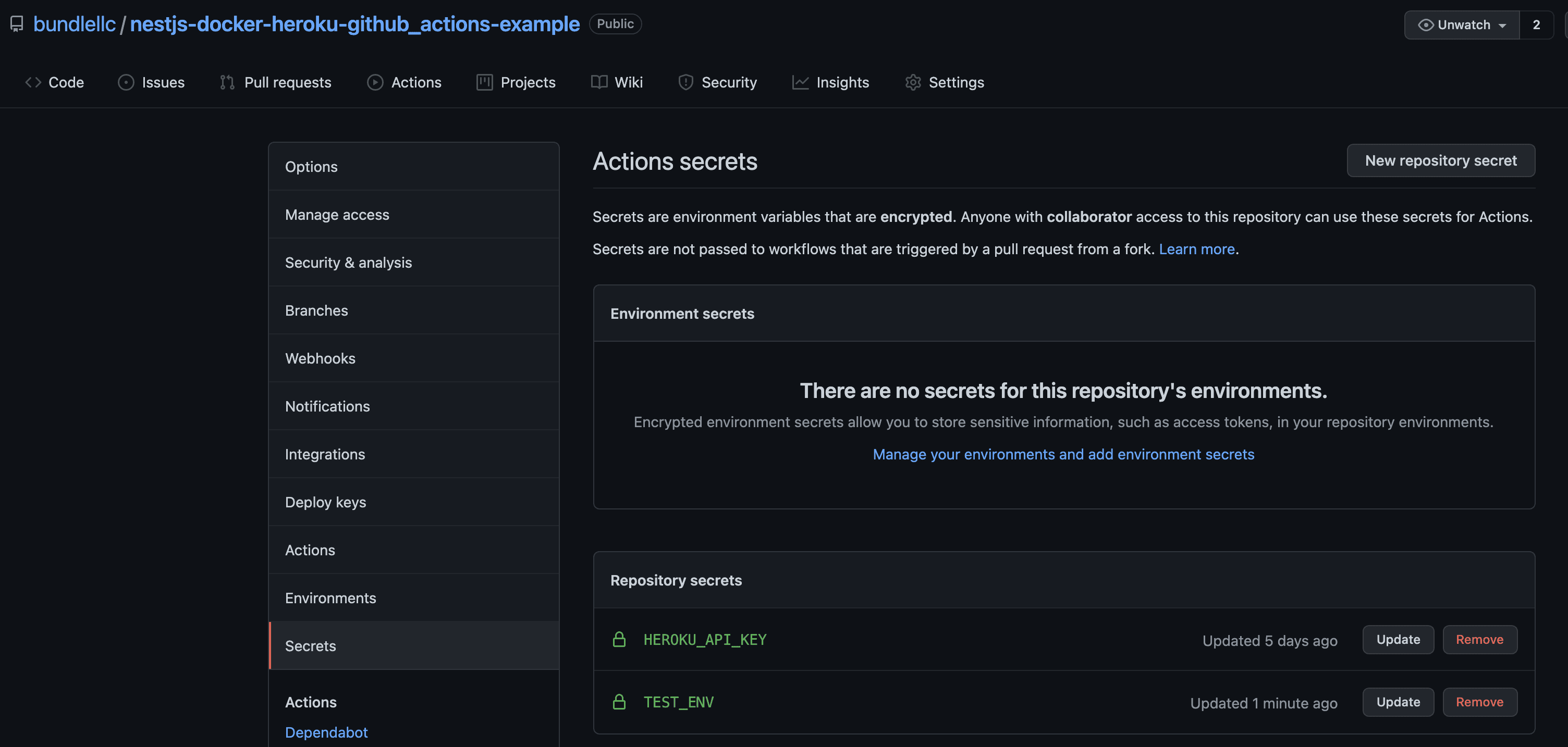 github secrets menu